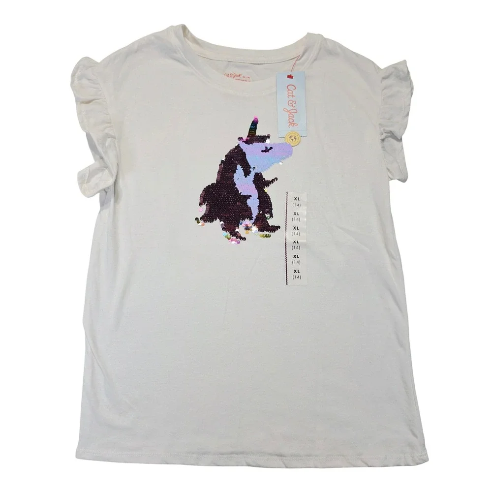 Cat & Jack Girls XL 14 White Unicorn Flip Sequin Flutter Sleeve T-Shirt NWT